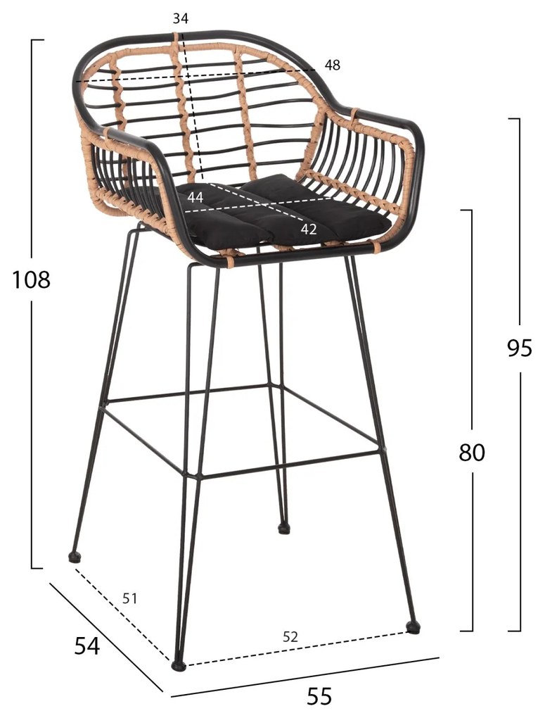 ΣΚΑΜΠΟ ΜΠΑΡ ALLEGRA  ΜΕΤΑΛΛΟ&amp;ΜΑΞΙΛΑΡΙ ΜΑΥΡΟ-WICKER ΜΠΕΖ 55x54x108Υεκ. 55x54x108 εκ.