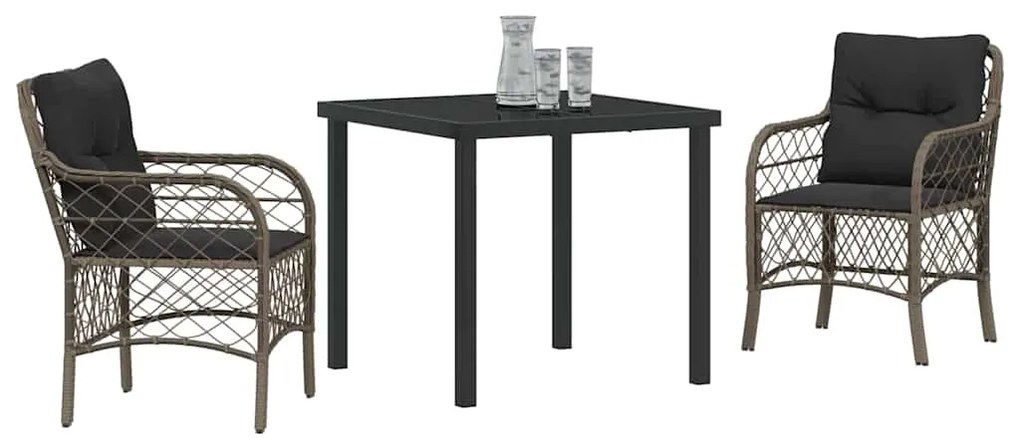 vidaXL Σέτ φαγητού για κήπο με μαξιλάρι 3 pcs Γκρι Πολυ ράταν