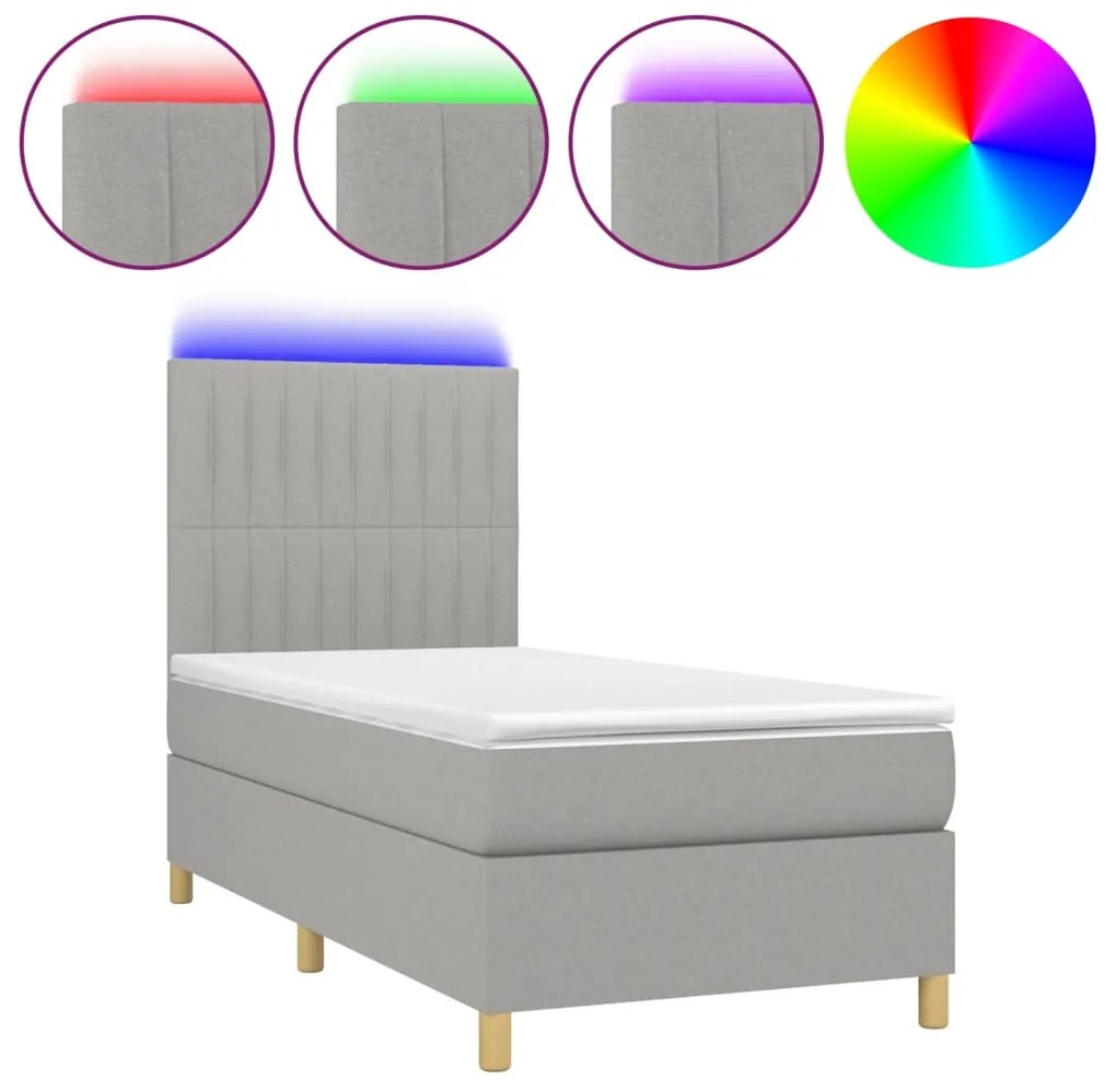 vidaXL Κρεβάτι Boxspring με Στρώμα &amp; LED Αν.Γκρι 90x190 εκ. Υφασμάτινο