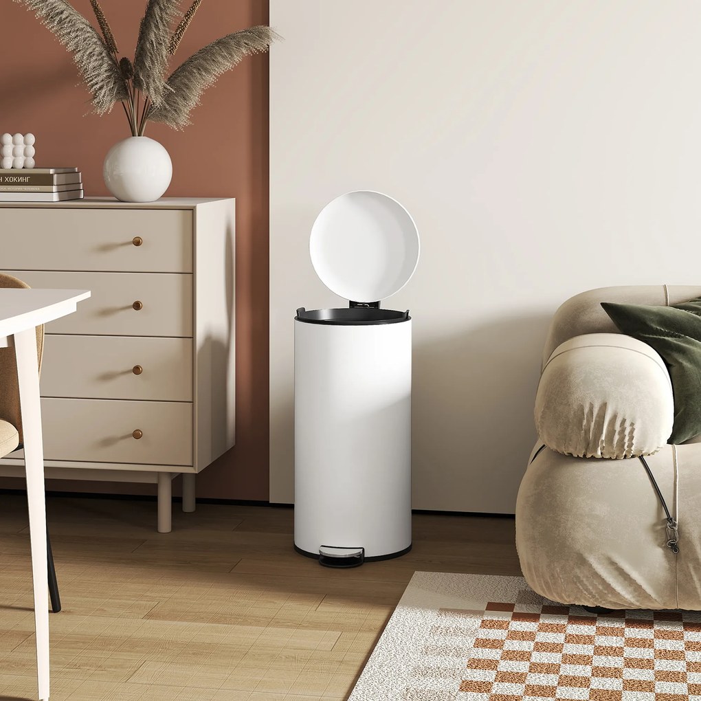 HOMCOM Κάδος απορριμμάτων 30L, κάδος με πεντάλ, κλειδαριά καπακιού, πεντάλ, ανθεκτικό σε λεκέδες, κρεμώδες λευκό