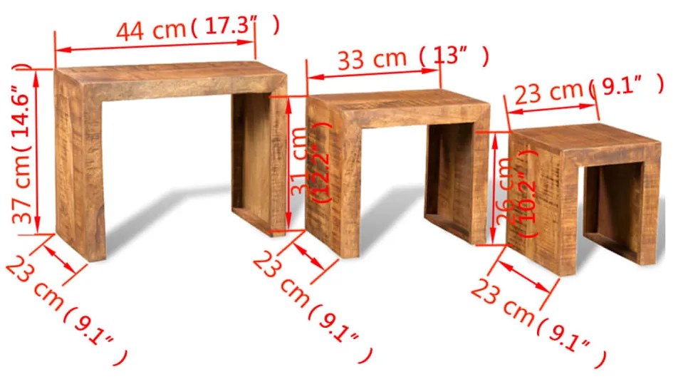 vidaXL Σετ Τραπεζάκια Ζιγκόν 3 τεμ. από Μασίφ Ξύλο Μάνγκο