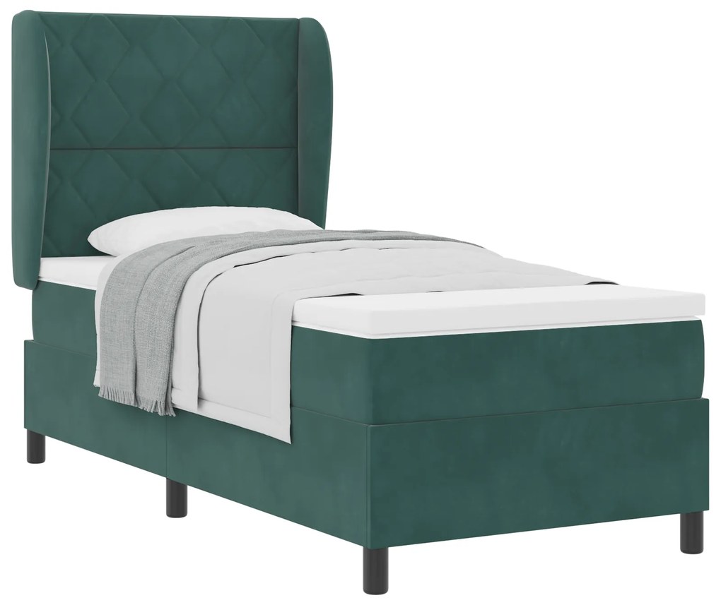 vidaXL Κρεβάτι Box Spring με Στρώμα σε Σκούρο Πράσινο, 90x200 εκ, Βελούδο