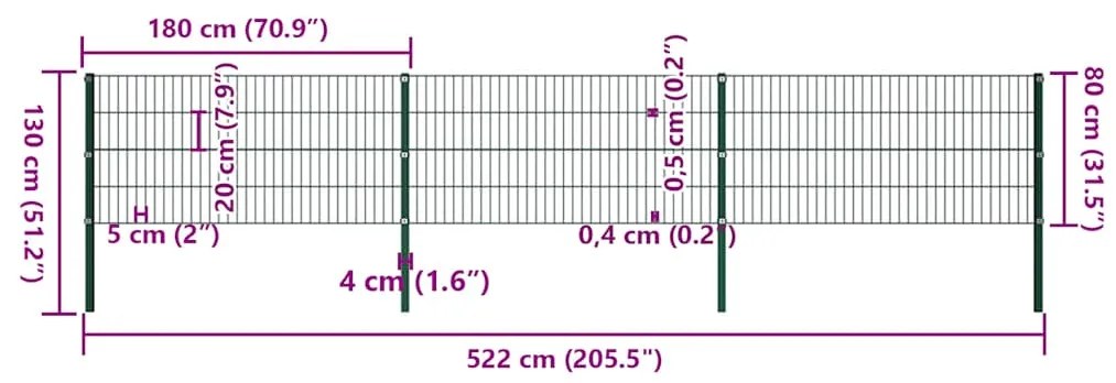vidaXL Πάνελ Περίφραξης με Στύλους Σιδερένιο Πράσινο 522 x 80 εκ.