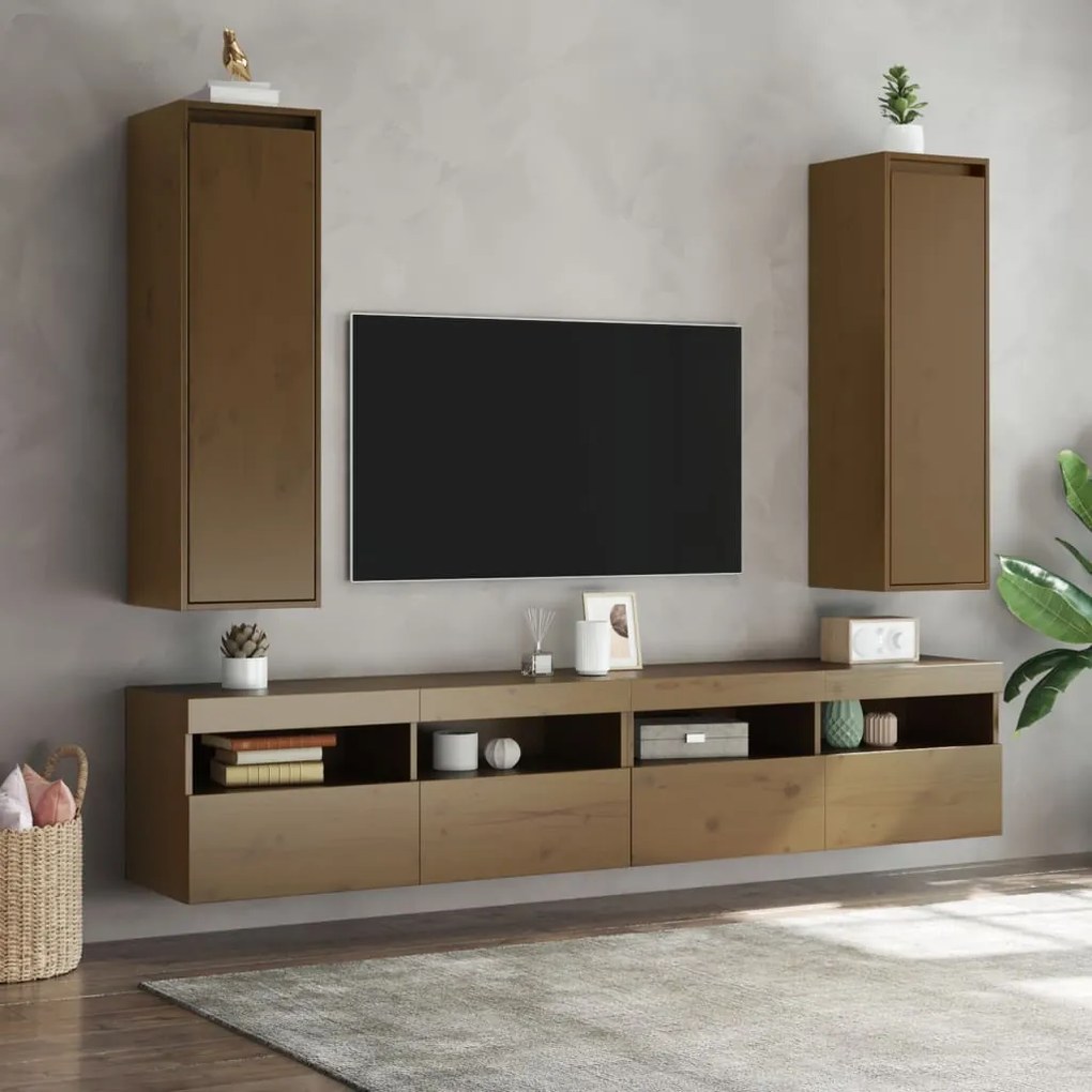 vidaXL Ντουλάπια Τοίχου 2 τεμ Καφέ Μελί 30x30x100 εκ Μασίφ Ξύλο Πεύκου