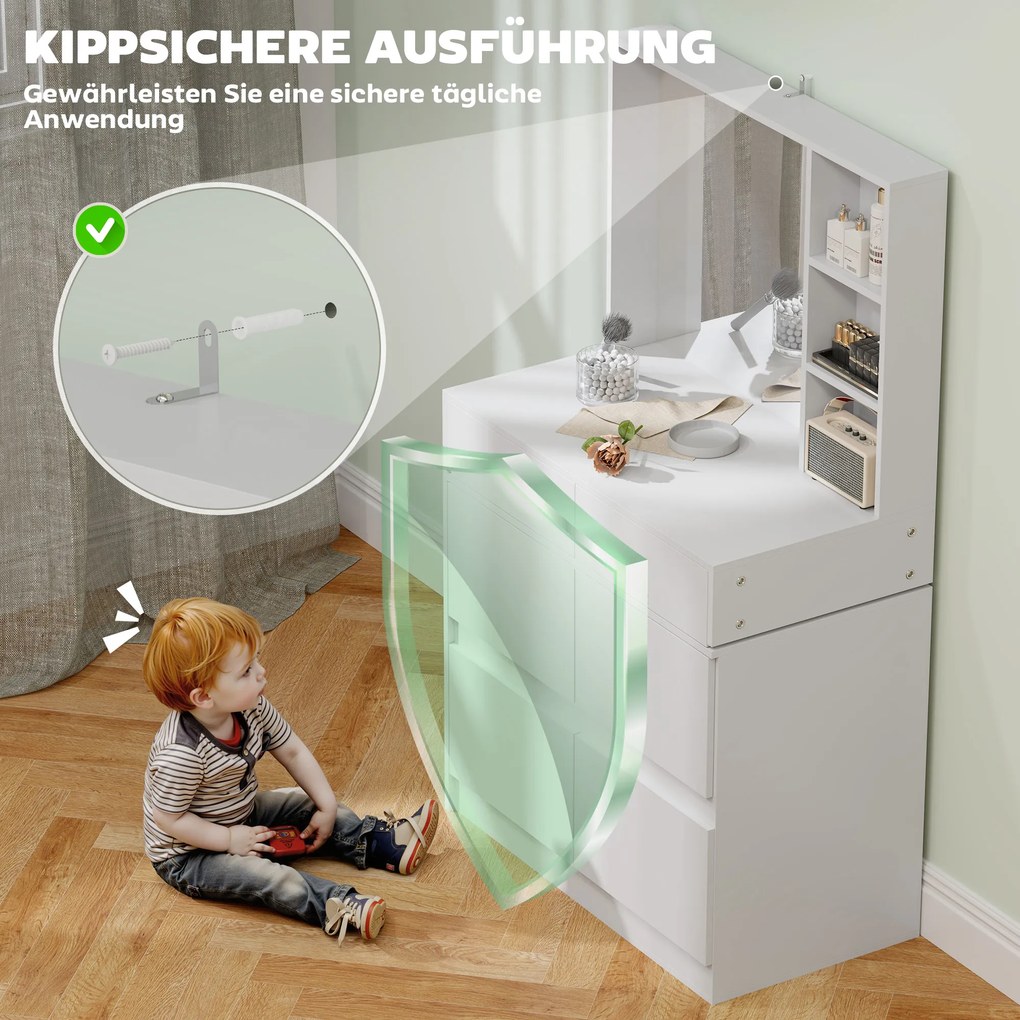 HOMCOM Τουαλέτα μακιγιάζ, τραπέζι μακιγιάζ με μεγάλο καθρέφτη, 4 συρτάρια, 3 ανοιχτά ράφια, 2 ντουλάπια, MDF, λευκό