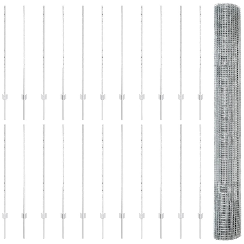 vidaXL Συρμάτινος Φράχτης με 44 U Posts Ασημί 1.2x50 μ Χάλυβας