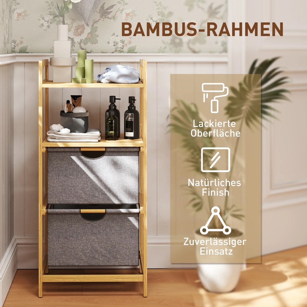 Ράφι ρούχων HOMCOM από μπαμπού, με 2 υφασμάτινους κάδους ρούχων, ανοιχτά ράφια, εξοικονόμηση χώρου, φυσικό ξύλο