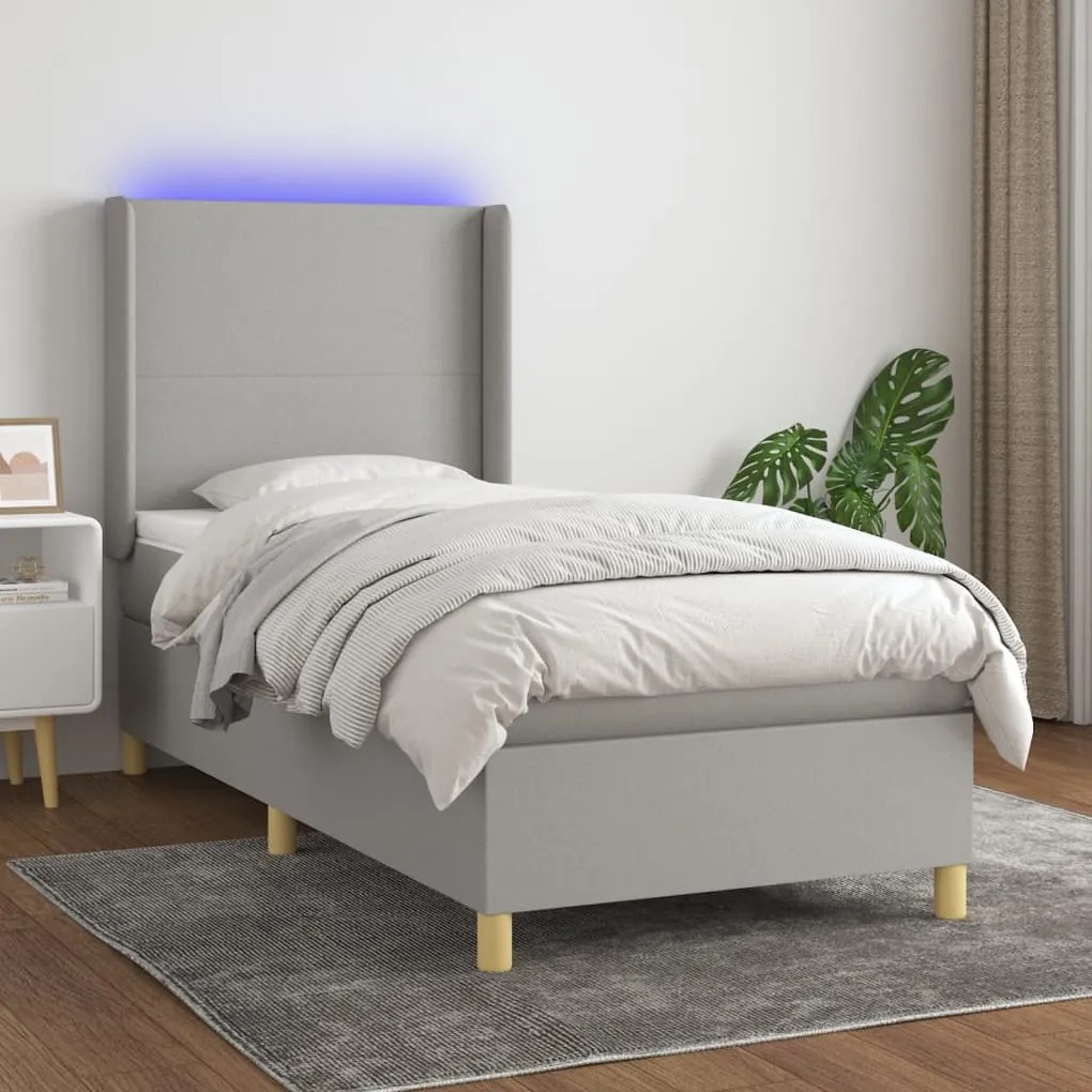 Κρεβάτι Boxspring με Στρώμα & LED Αν.Γκρι 90x190 εκ. Υφασμάτινο