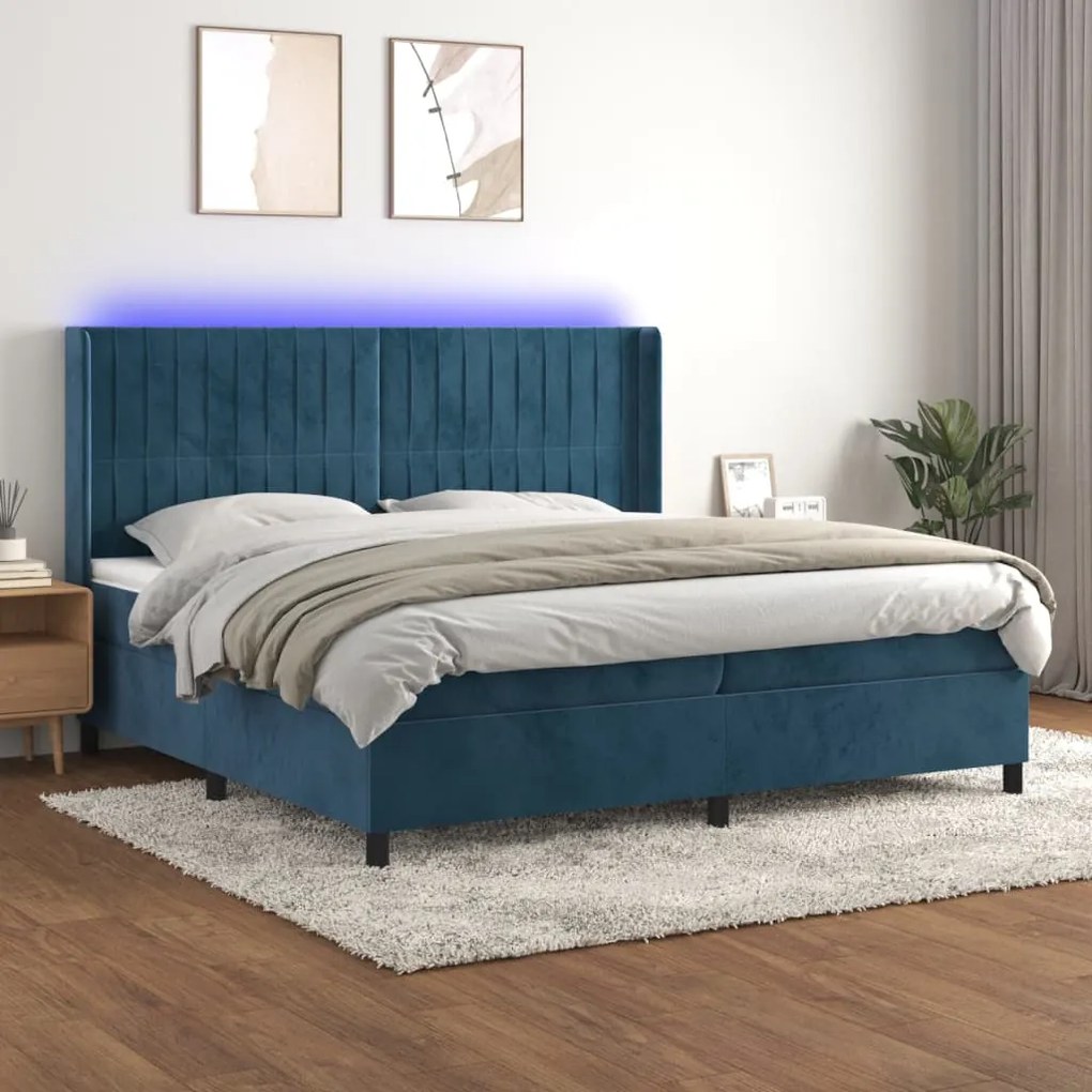 Κρεβάτι Boxspring με Στρώμα &amp; LED Σκ. Μπλε 200x200εκ. Βελούδινο