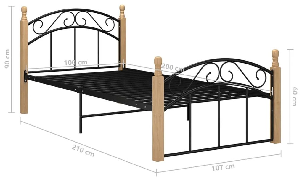vidaXL Πλαίσιο κρεβατιού μαύρο μεταλ./μασίφ ξύλο δρυς 100x200εκ