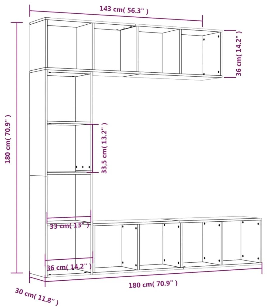 vidaXL Σετ Επίπλων Τηλ. / Βιβλιοθήκης 3Τεμ 180x30x180εκ Γκρι Sonoma