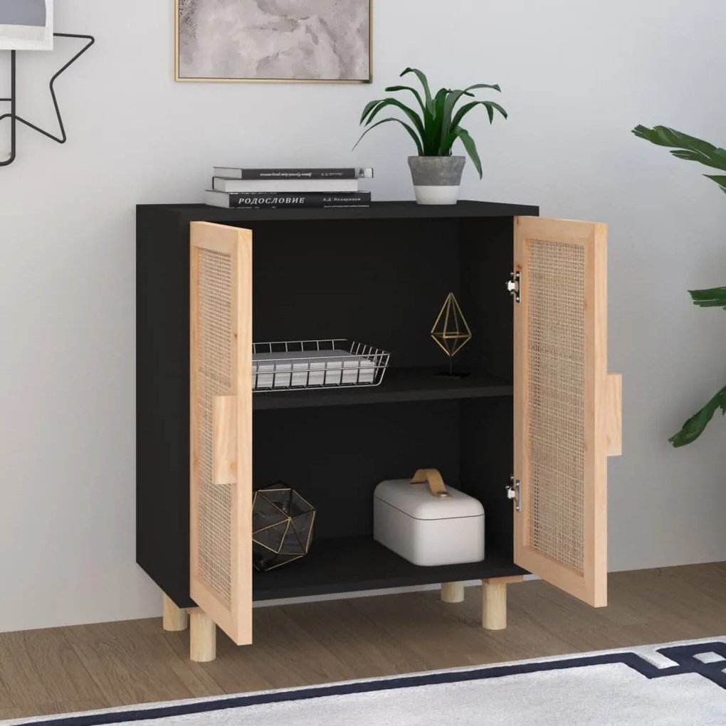 vidaXL Ντουλάπι Μαύρο 60 x 30 x 70 εκ. από Μασίφ Πεύκο &amp; Φυσικό Ρατάν