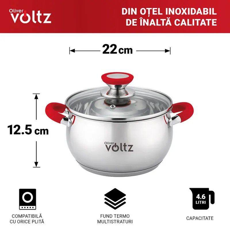 Κατσαρόλα Oliver Voltz OV51210N22, 22 cm, 4.6 l, Επαγωγή, Κόκκινες λαβές από σιλικόνη, Inox/Κόκκινος