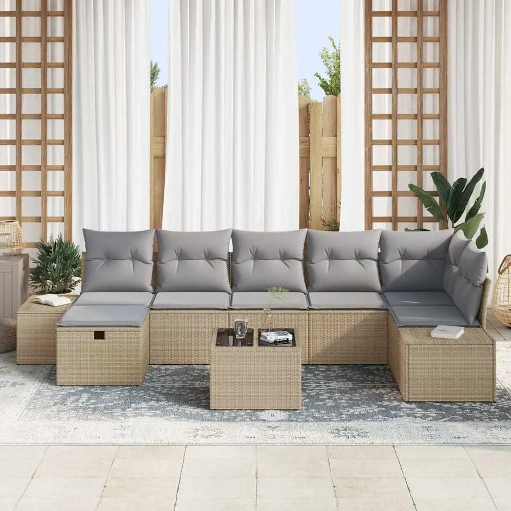 vidaXL Σετ Καναπέ Κήπου με μαξιλάρι 8 pcs Μπεζ Πολυ ράταν