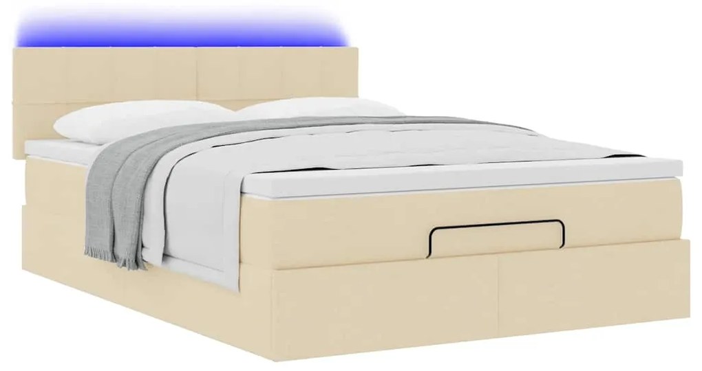 vidaXL Οθωμανικό κρεβάτι με στρώμα & LEDs Cream 140x190cm Ύφασμα
