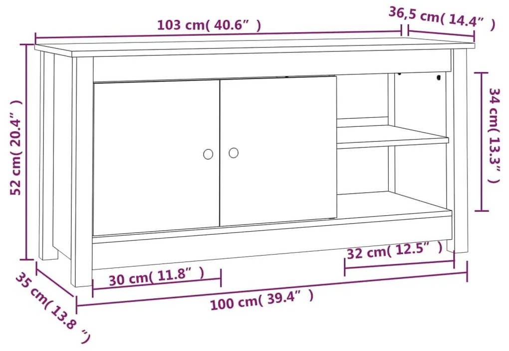 Έπιπλο Τηλεόρασης Λευκό 103x36,5x52 εκ. από Μασίφ Ξύλο Πεύκου - Λευκό