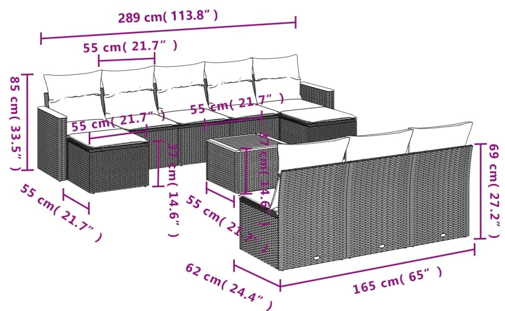 vidaXL Σαλόνι Κήπου Σετ 11 Τεμαχίων Μαύρο Συνθετικό Ρατάν με Μαξιλάρια