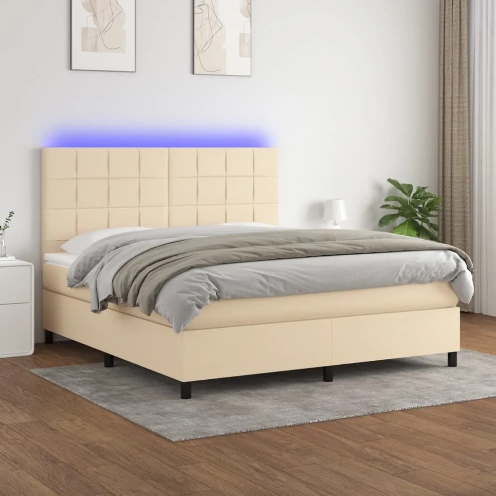 Κρεβάτι Boxspring με Στρώμα & LED Κρεμ 180x200 εκ. Υφασμάτινο
