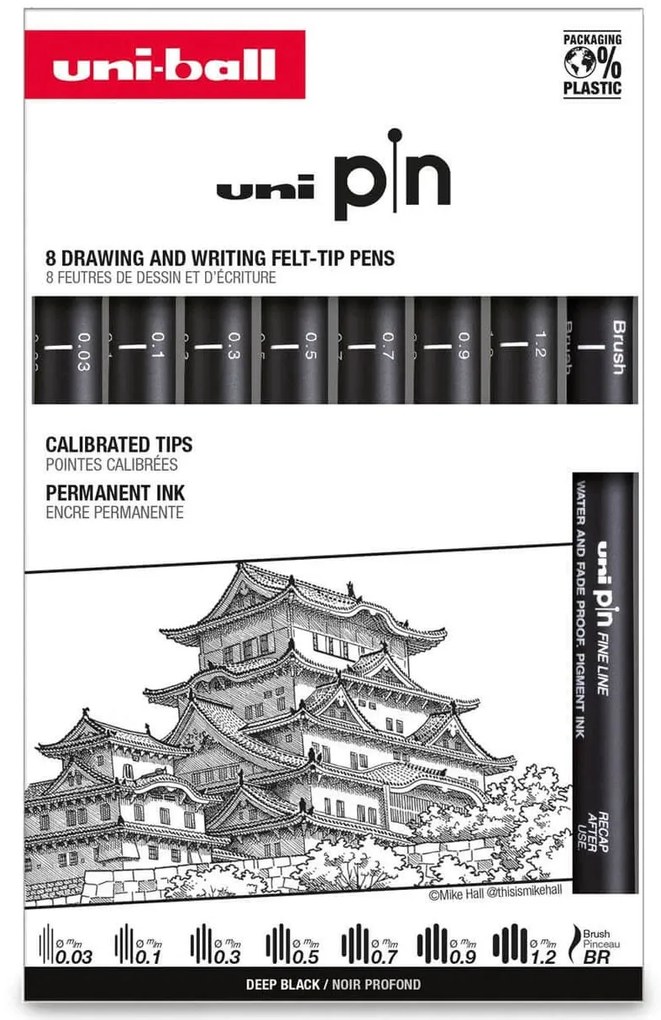 Μαρκαδόροι Σχεδίου Uni-pin με πάχος μύτης 0.03/0.1/0.3/0.5/0.7/0.9/1.2mm/BR - 8 τεμάχια