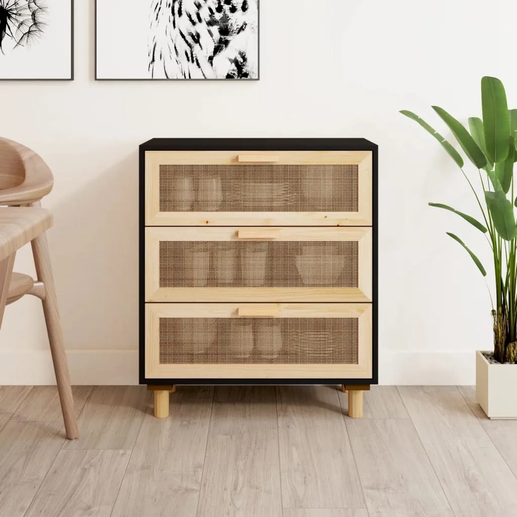 vidaXL Συρταριέρα Μαύρη 60x30x70 εκ. από Μασίφ Πεύκο &amp; Φυσικό Ρατάν