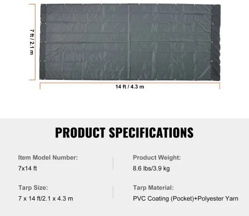 VEVOR Dump Truck Mesh Tarp, 7 x 14 ft, PVC Coated Black Heavy Duty Cover with 5.5" 18oz Double Pocket, Brass Grommets, Reinforced Double Needle Stitch Webbing Fits Manual or Electric Dump Truck System