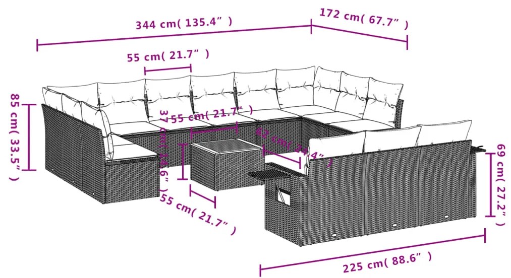 vidaXL Σαλόνι Κήπου Σετ14 Τεμαχίων με Μαξιλάρια Μικτό Μπεζ Συνθ. Ρατάν