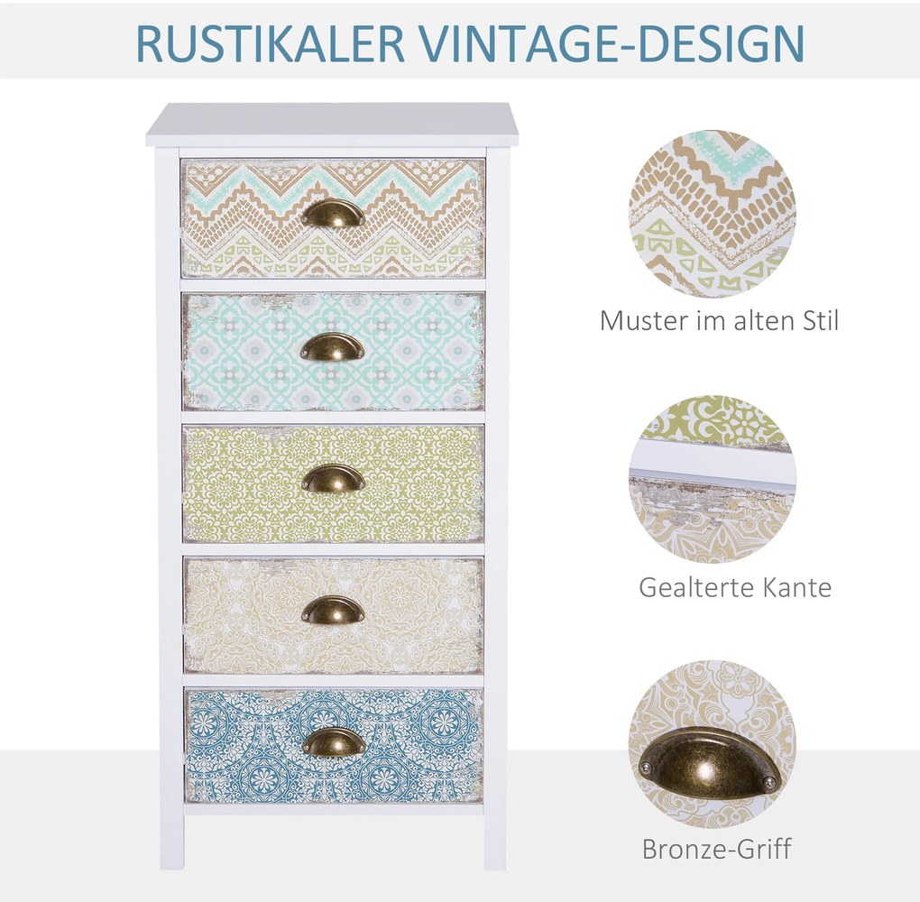 HOMCOM Συρταριέρα, έπιπλο αποθήκευσης, μοντέρνος σχεδιασμός, 5 συρτάρια, 46 εκ. x 34 εκ. x 97,5 εκ., Πολύχρωμο