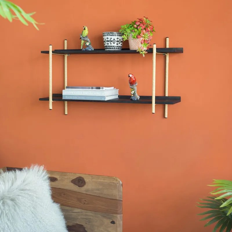 Artekko Shelf Ραφιέρα Επιτοίχια με 2 Ράφια Μέταλλο Ξύλο Ρατάν Μαύρο (92x25x52)cm