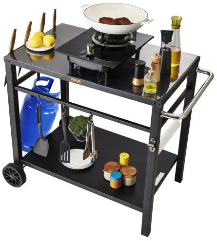 VEVOR Outdoor Grill Dining Cart with Double-Shelf, BBQ Movable Food Prep Table, Multifunctional Iron Table Top, Portable Modular Carts for Pizza Oven, Worktable with 2 Wheels, Carry Handle, Black