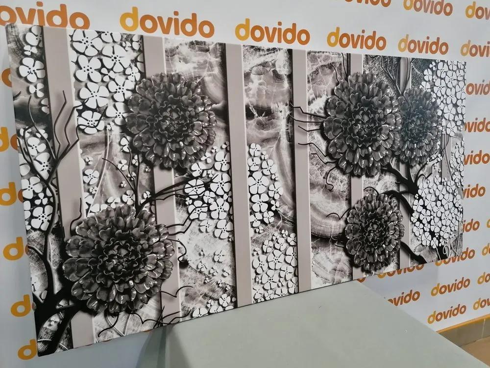 Εικόνα αφηρημένων λουλουδιών σε μαρμάρινο φόντο σε μαύρο & άσπρο - 120x60