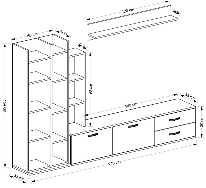 Σύνθεση σαλονιού Leman pakoworld σε λευκή-oak απόχρωση 240x35x154εκ - 120-000488