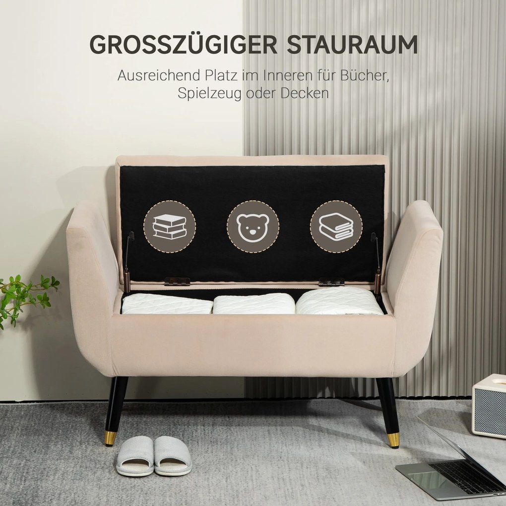 HOMCOM Βελούδινο Παγκάκι με Αποθηκευτικό Χώρο, Μπράτσα, Βελούδινο Πολυεστέρας, Καουτσούκ Ξύλο, 107 x 42 x 65 cm, Μπεζ