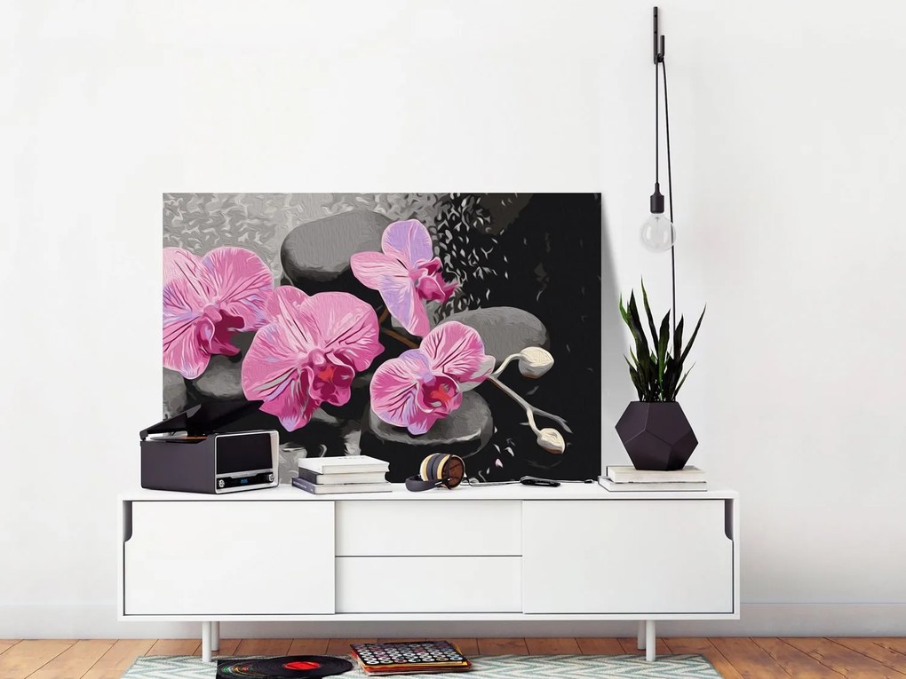 Πίνακας για να τον ζωγραφίζεις - Orchid With Zen Stones (Black Background) 60x40