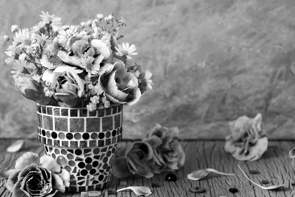 Εικόνα λουλουδιών γαρύφαλλου σε γλάστρα με μωσαϊκό σε ασπρόμαυρο - 120x80