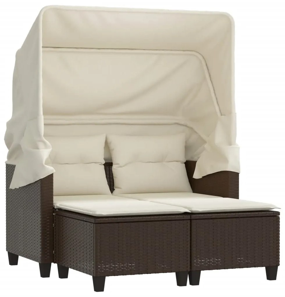 vidaXL Καναπές Κήπου Διθέσιος με Σκίαστρο &amp; Σκαμπό Καφέ Συνθ. Ρατάν