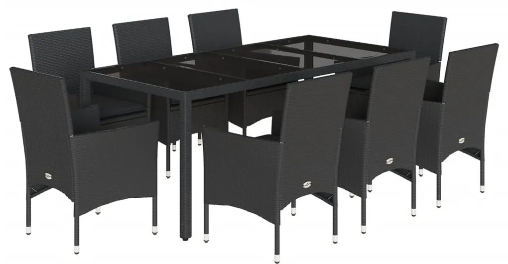 vidaXL Σετ Τραπεζαρίας Κήπου 9 τεμ Μαύρο Συνθ.Ρατάν/Γυαλί με Μαξιλάρια