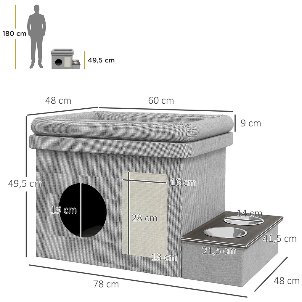 PawHut Σπιτάκι Γάτας, Σταθμός Φαγητού με 2 Ανοξείδωτα Μπολ, Χαλί Ξυσίματος, Μαλακό Μαξιλάρι, 78 x 48 x 49,5 cm, Γκρι