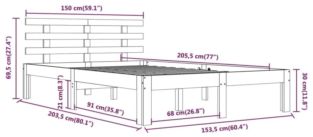 Πλαίσιο Κρεβατιού Μαύρο 150 x 200 εκ. Μασίφ Ξύλο King Size - Μαύρο