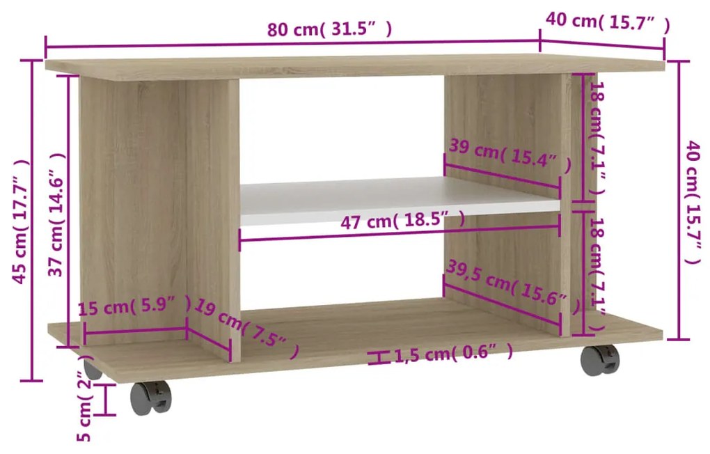 vidaXL Έπιπλο TV με Ρόδες Λευκό / Sonoma Δρυς 80x40x45 εκ. Επεξ. Ξύλο