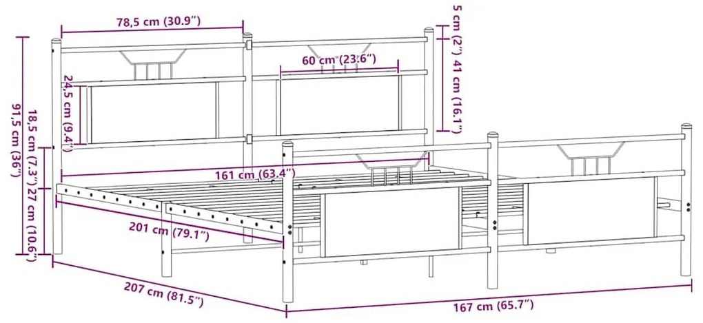 Σκελετός Κρεβ. Χωρίς Στρώμα Καπνιστή Δρυς 160x200 εκ. Μεταλλικό - Καφέ