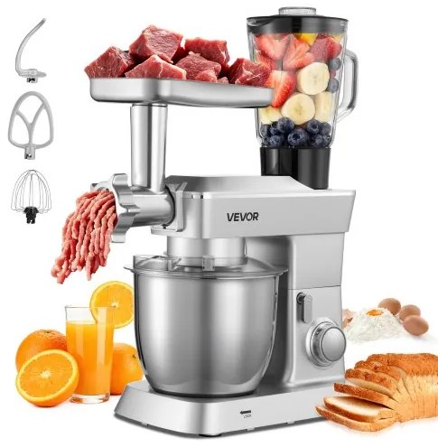 VEVOR Stand Mixer, 4.3 L Electric Kitchen Mixer, 1300W Dough-Mixer, 6+P Speeds Tilt-head Food-Mixer with 1.5 L Blender Cup, Stainless Steel Bowl, Dough Hook, Whisk, Beater, for Baking, Mixing, Silver