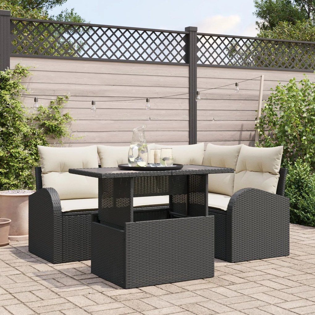 5 Piece Garden Sofa Set with Cushions Black Poly Rattan