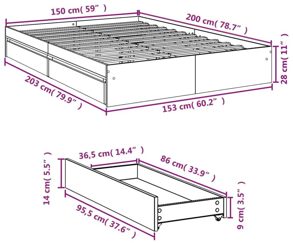 Πλαίσιο Κρεβατιού με Συρτάρια Γκρι Σκυρ. 150x200 εκ. Επεξ. Ξύλο - Γκρι