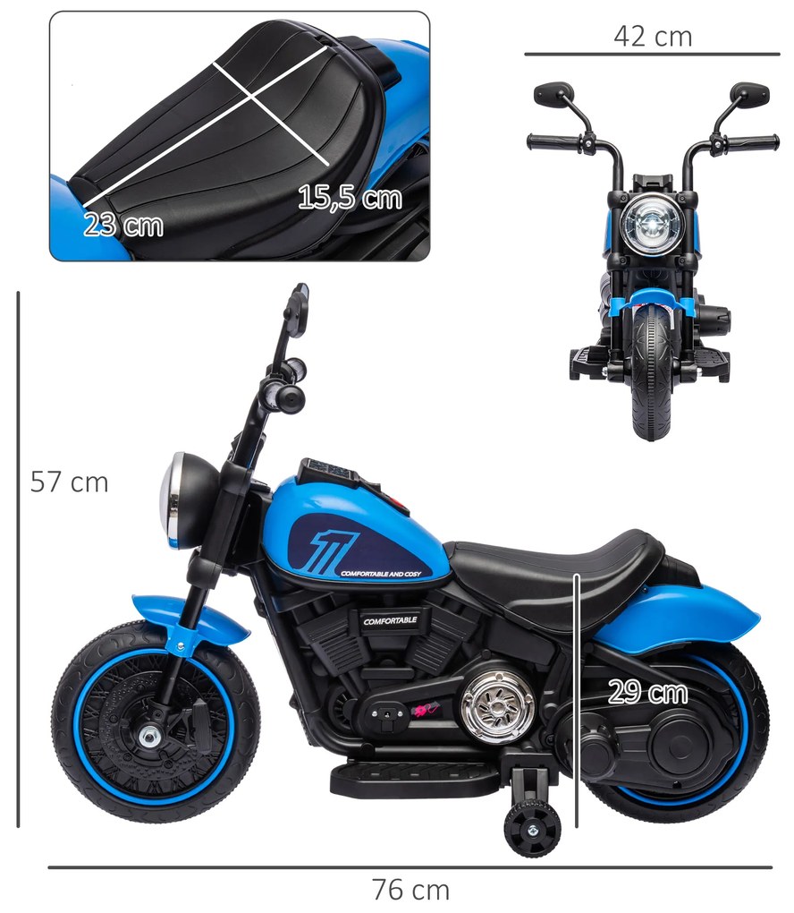 HOMCOM Ηλεκτρικό παιδικό μοτοποδήλατο, Ηλεκτρικό παιδικό όχημα, με προβολέα, 3 km/h, μπλε + μαύρο