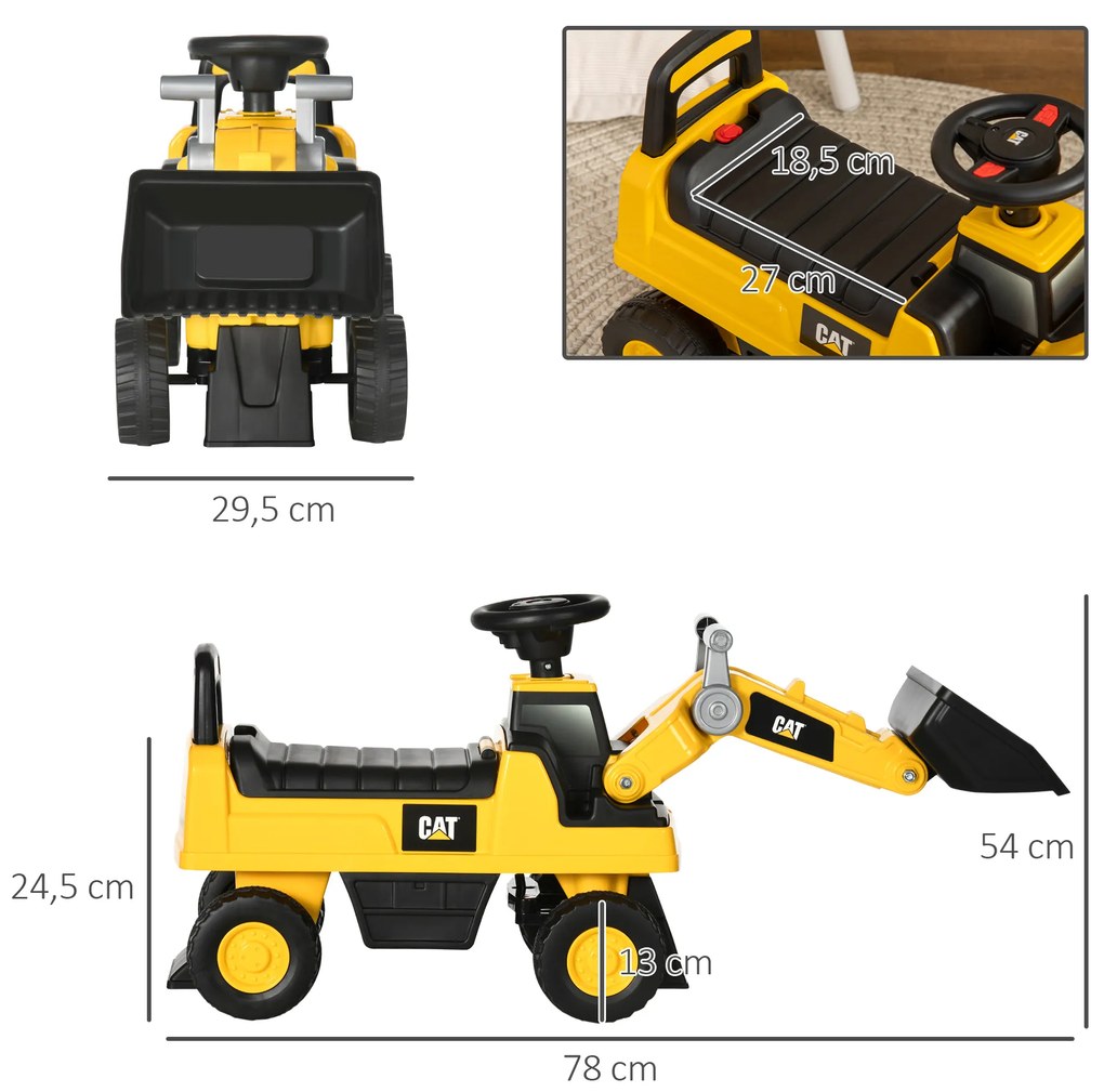 HOMCOM Εκσκαφέας για παιδιά, πατίνι, χειριζόμενος εκσκαφέας, προστασία ανατροπής, αντιολισθητικοί τροχοί, κίτρινο+μαύρο, 78 x 29,5 x 54 cm