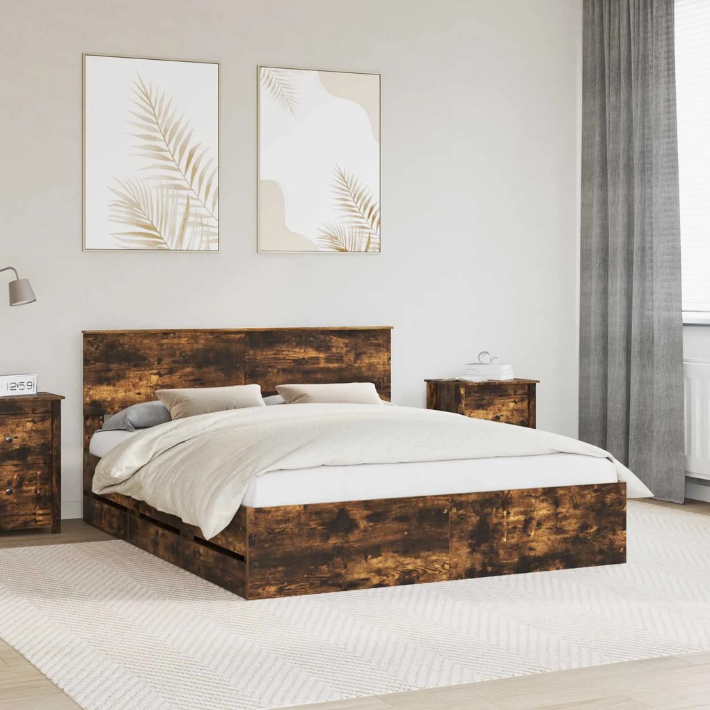 vidaXL Σκελετός Κρεβατιού Καπνιστό Δρύς 160 x 200 cm Μηχανήματος Ξύλο