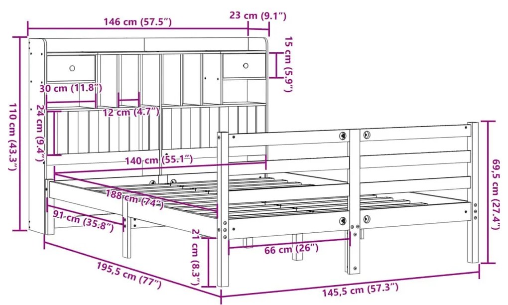 Κρεβάτι Βιβλιοθήκη Χωρίς Στρώμα 140x190 εκ Μασίφ Ξύλο Πεύκου - Καφέ