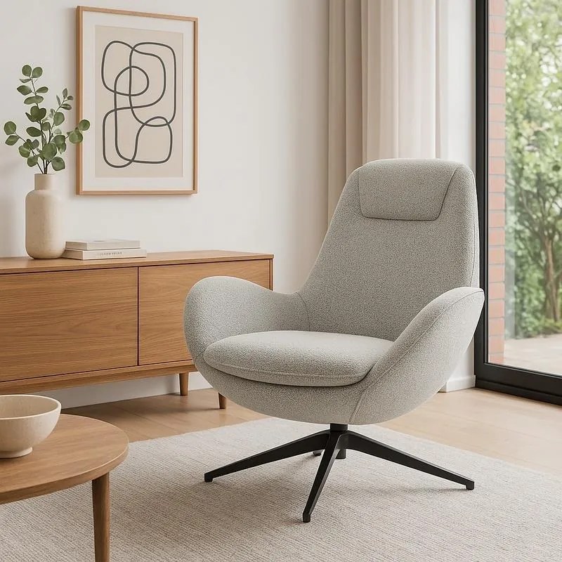 Πολυθρόνα περιστρεφόμενη Flago μπουκλέ ύφασμα σε ανοιχτή γκρι απόχρωση 85x88x103.5εκ 85x88x103.5 εκ.