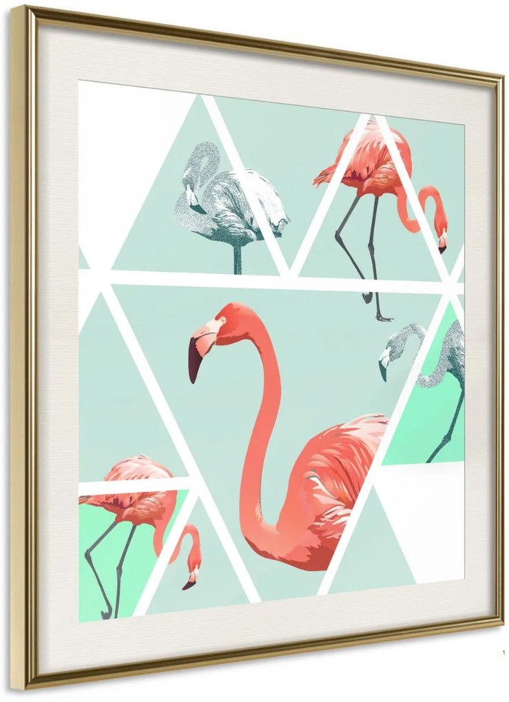 Αφίσα - Tropical Mosaic with Flamingos (Square) - 30x30 - Χρυσό - Με πασπαρτού