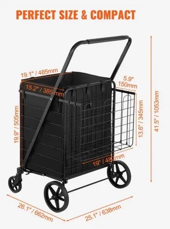 VEVOR Folding Shopping Cart with Removable Waterproof Liner, 330LBS Large Capacity Jumbo Grocery Cart with Dual Basket, 360° Swivel Wheels, Dense Metal Mesh Base, Heavy Duty Utility Cart for Shopping